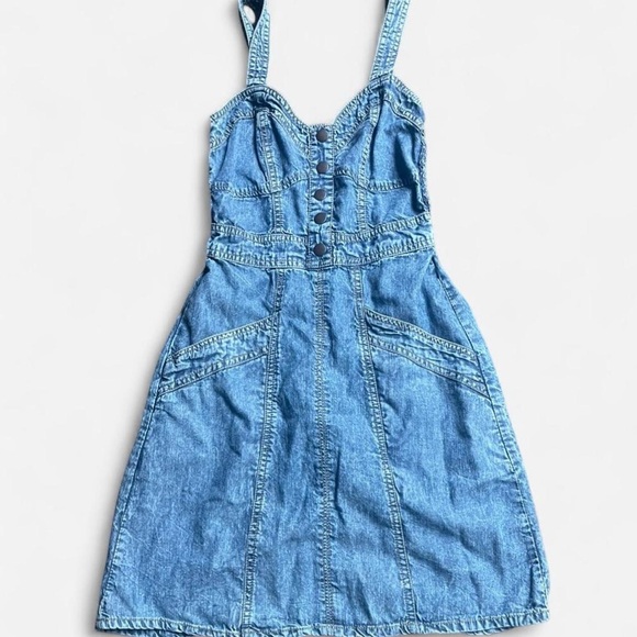 Japna Denim Y2K Coquette Casual Lightweight Dress w/ Pockets Sz XS Ribbed Back - Picture 2 of 6
